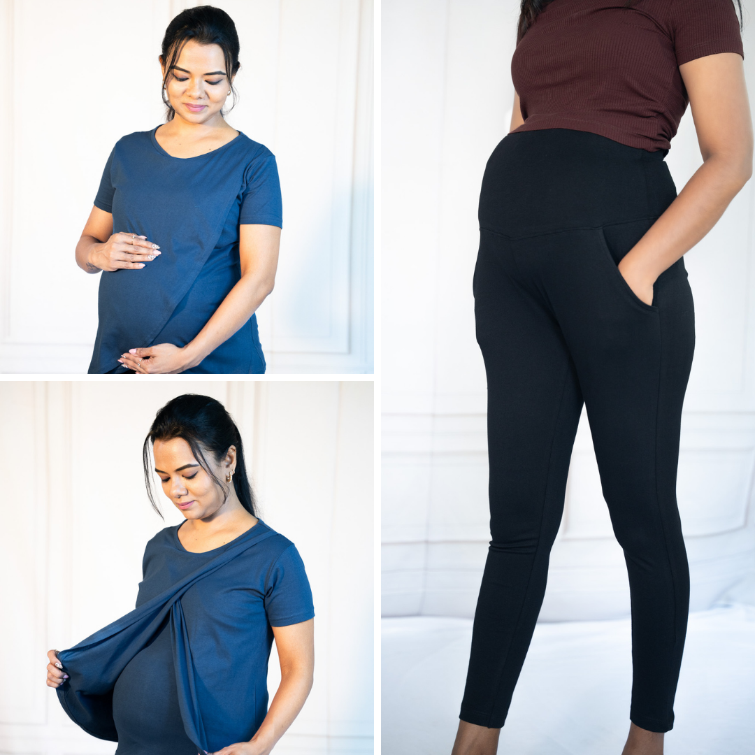 Blue Fit Zipless Feeding T-Shirt + Blue Fit Zipless Feeding T-Shirt + Alinged Me Yoga Pant Legging