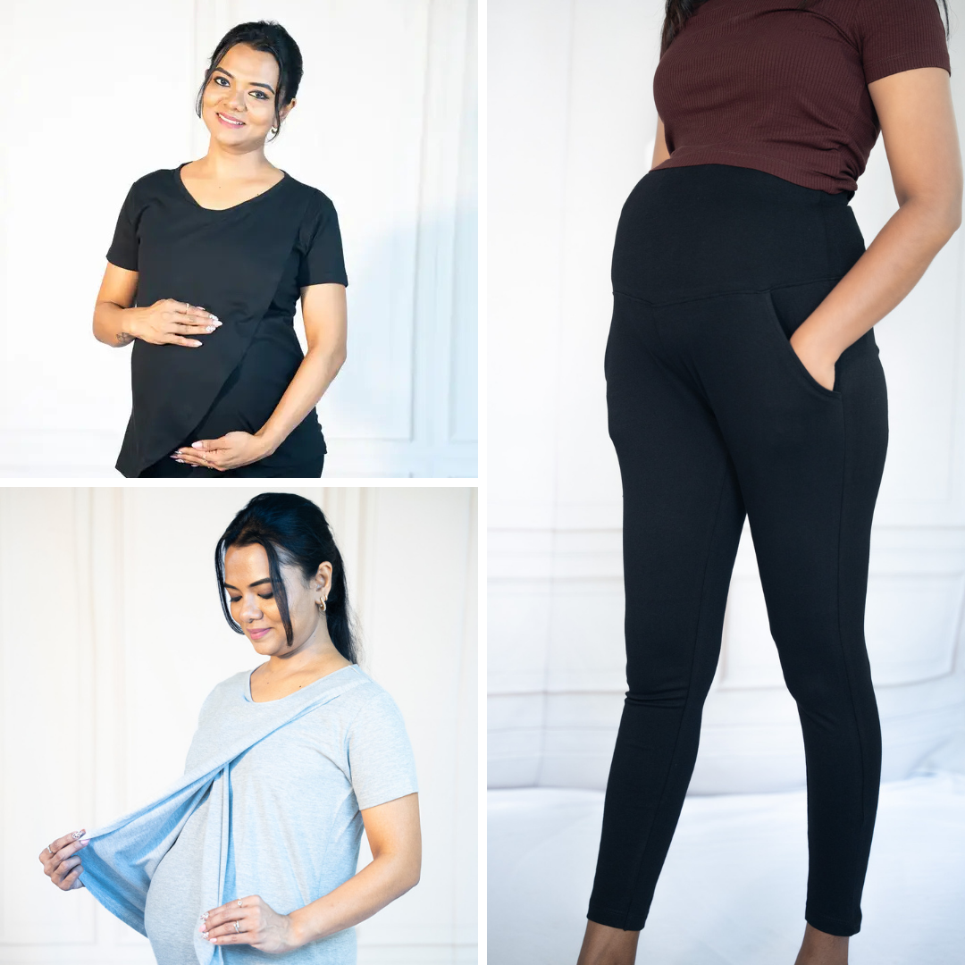 Black Zipless Feeding T-Shirt + Grey Matters Zipless Feeding T-Shirt + Alinged Me Yoga Pant Legging