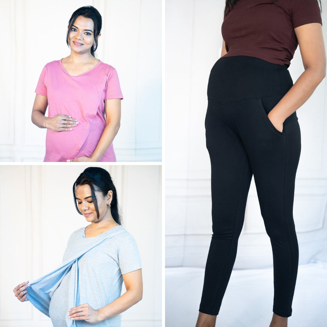 Grey Matters Zipless Feeding T-Shirt + Pink Energy Zipless Feeding T-Shirt + Alinged Me Yoga Pant Legging