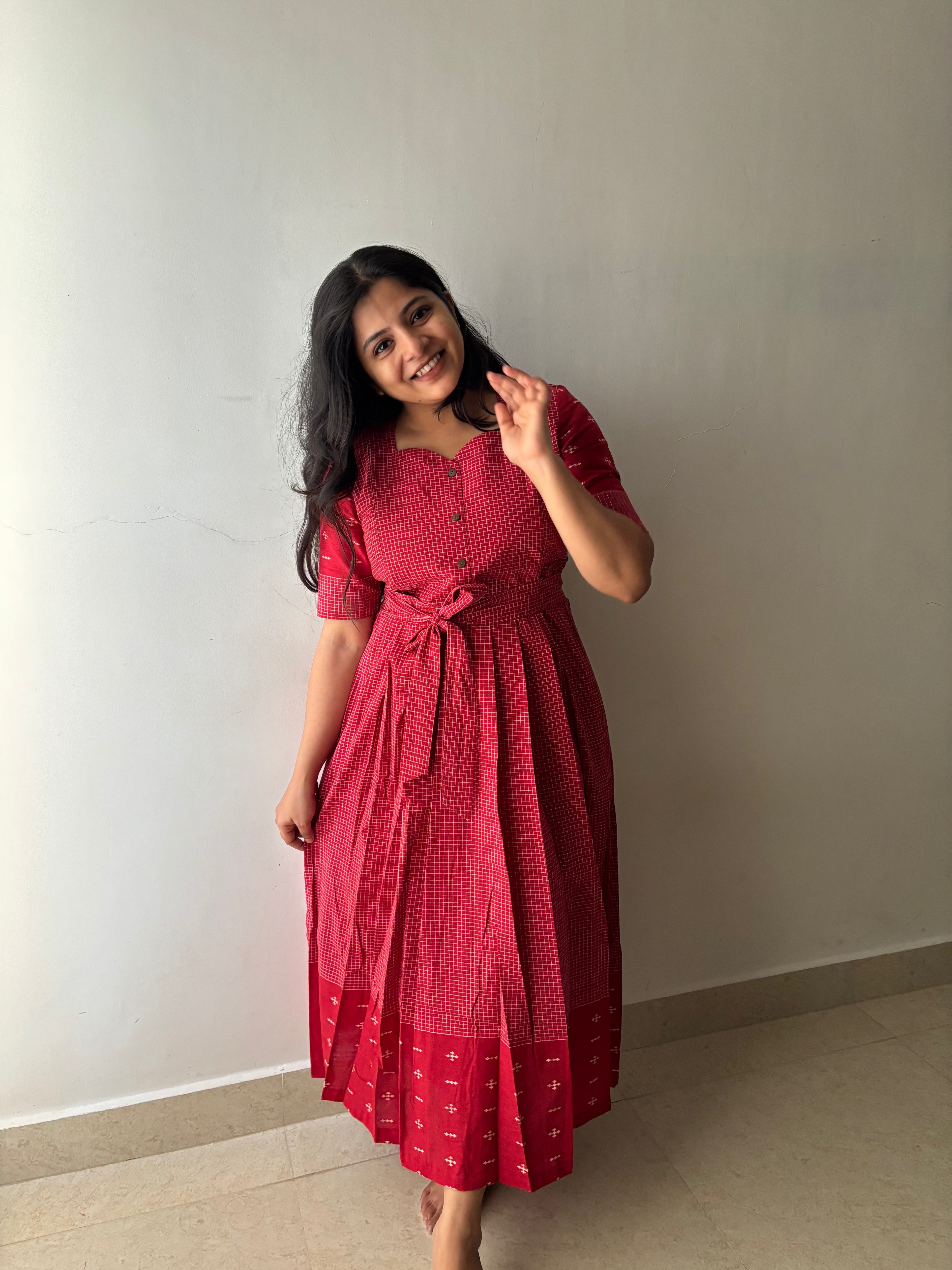 Checks On Red Maternity Feeding Dress