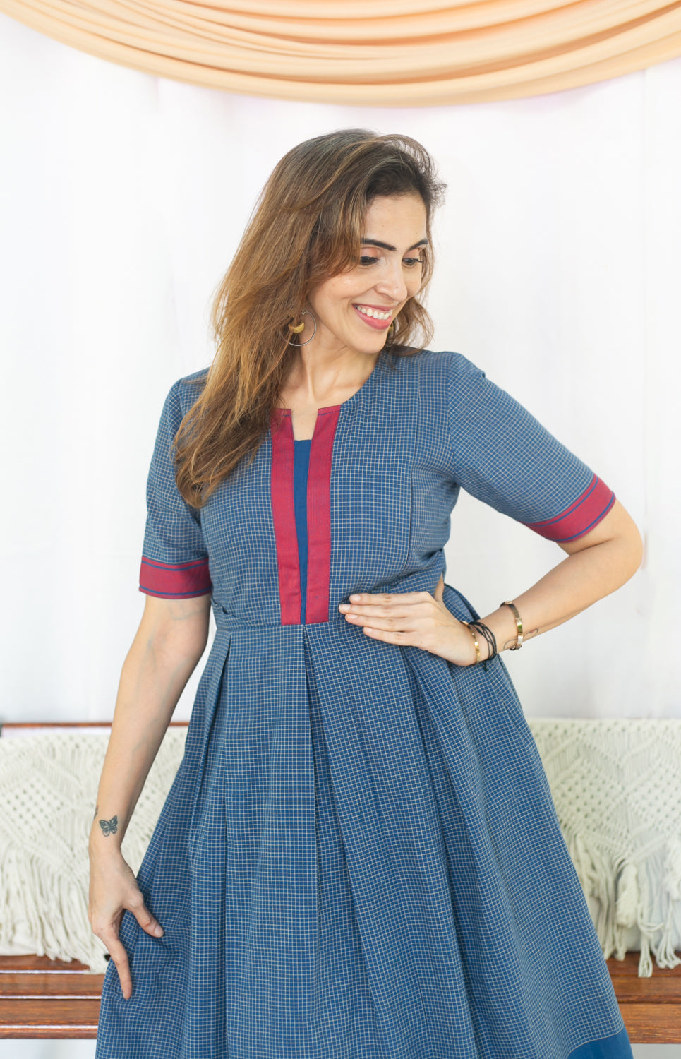 Checks On Blue Maternity Feeding dress
