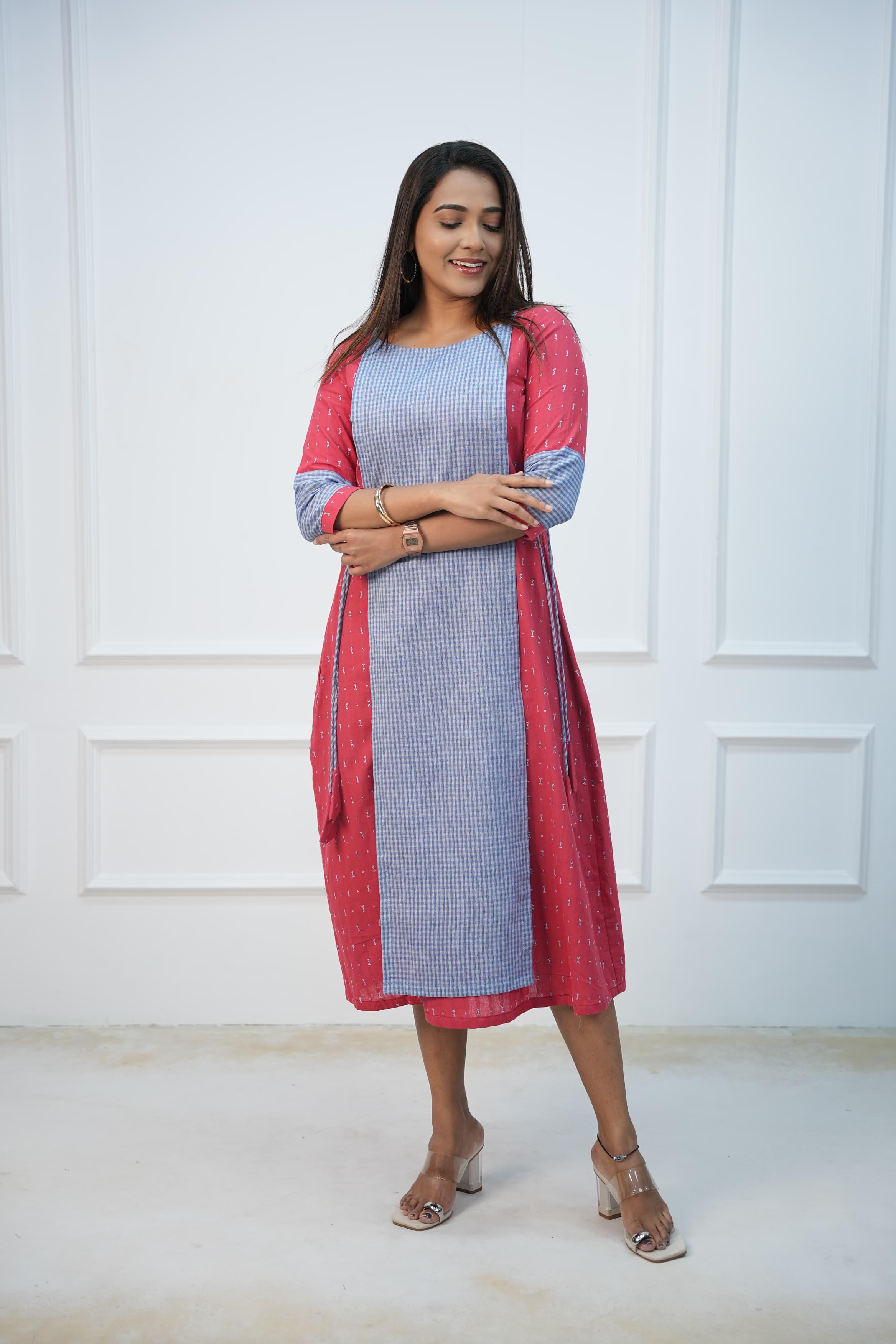 Coral checks Maternity Feeding Dress