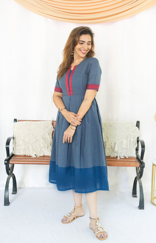 Checks On Blue Maternity Feeding dress
