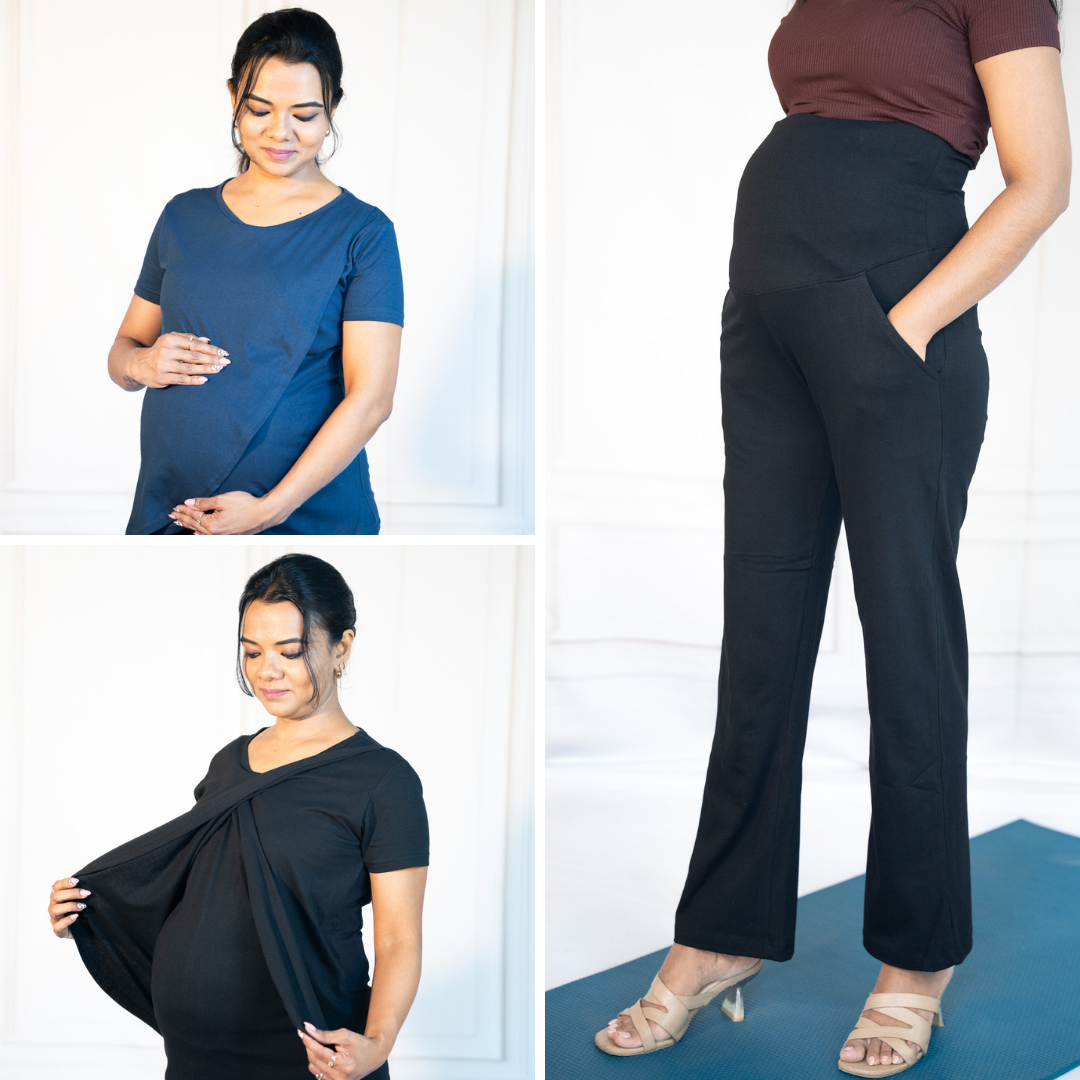Black Zipless Feeding T-Shirt + Blue Fit Zipless Feeding T-Shirt + Active Me Staright Pant