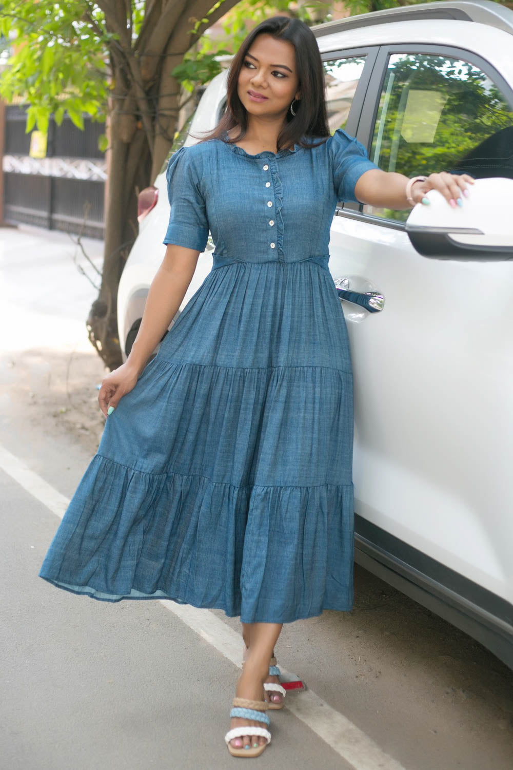 denim one piece dress knee length Blue Denim Layered Dress Denim V Neck Knee Length One Piece Dress The Kaftan Company