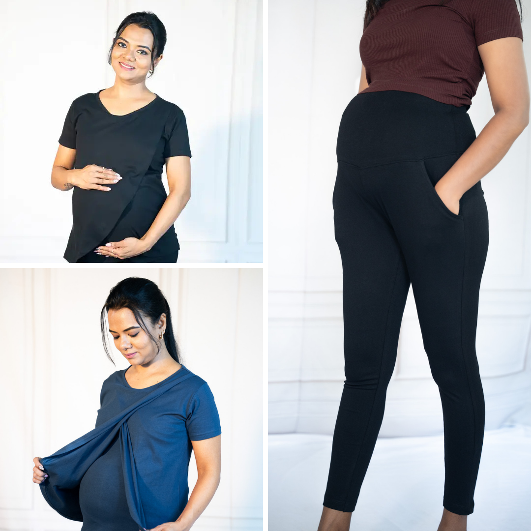 Black Zipless Feeding T-Shirt + Blue Fit Zipless Feeding T-Shirt + Alinged Me Yoga Pant Legging
