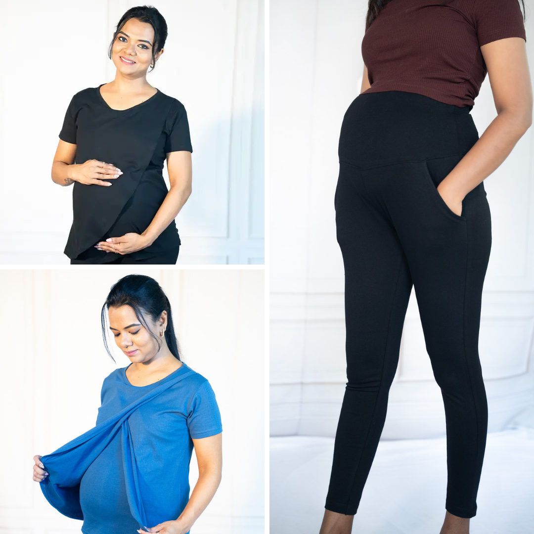 Black Zipless Feeding T-Shirt + Blue Power Zipless Feeding T-Shirt + Alinged Me Yoga Pant Legging