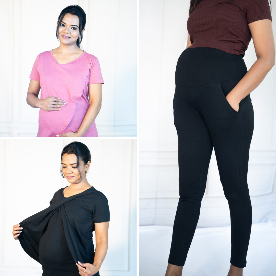 Black Zipless Feeding T-Shirt + Pink Energy Zipless Feeding T-Shirt + Alinged Me Yoga Pant Legging