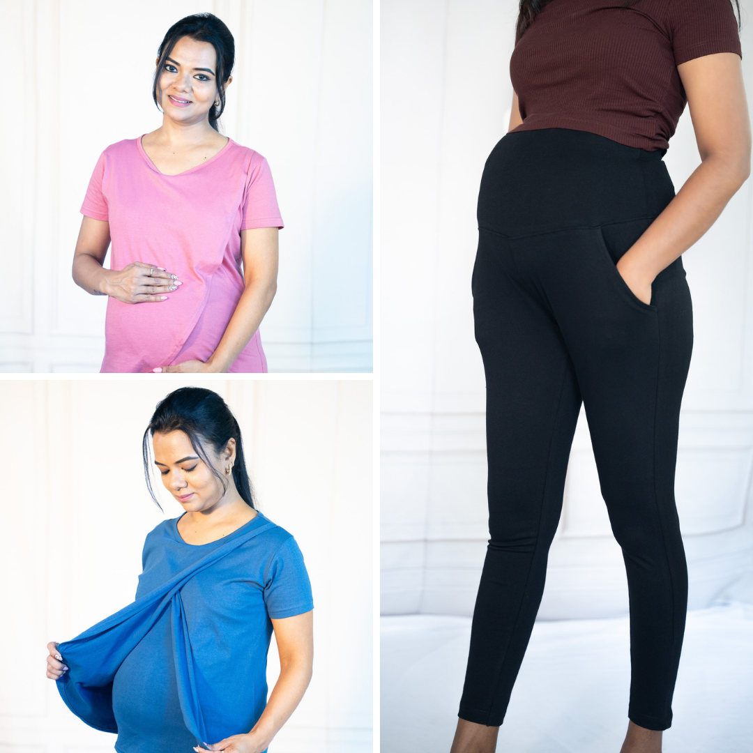 Pink Energy Zipless Feeding T-Shirt + Blue Power Zipless Feeding T-Shirt + Alinged Me Yoga Pant Legging