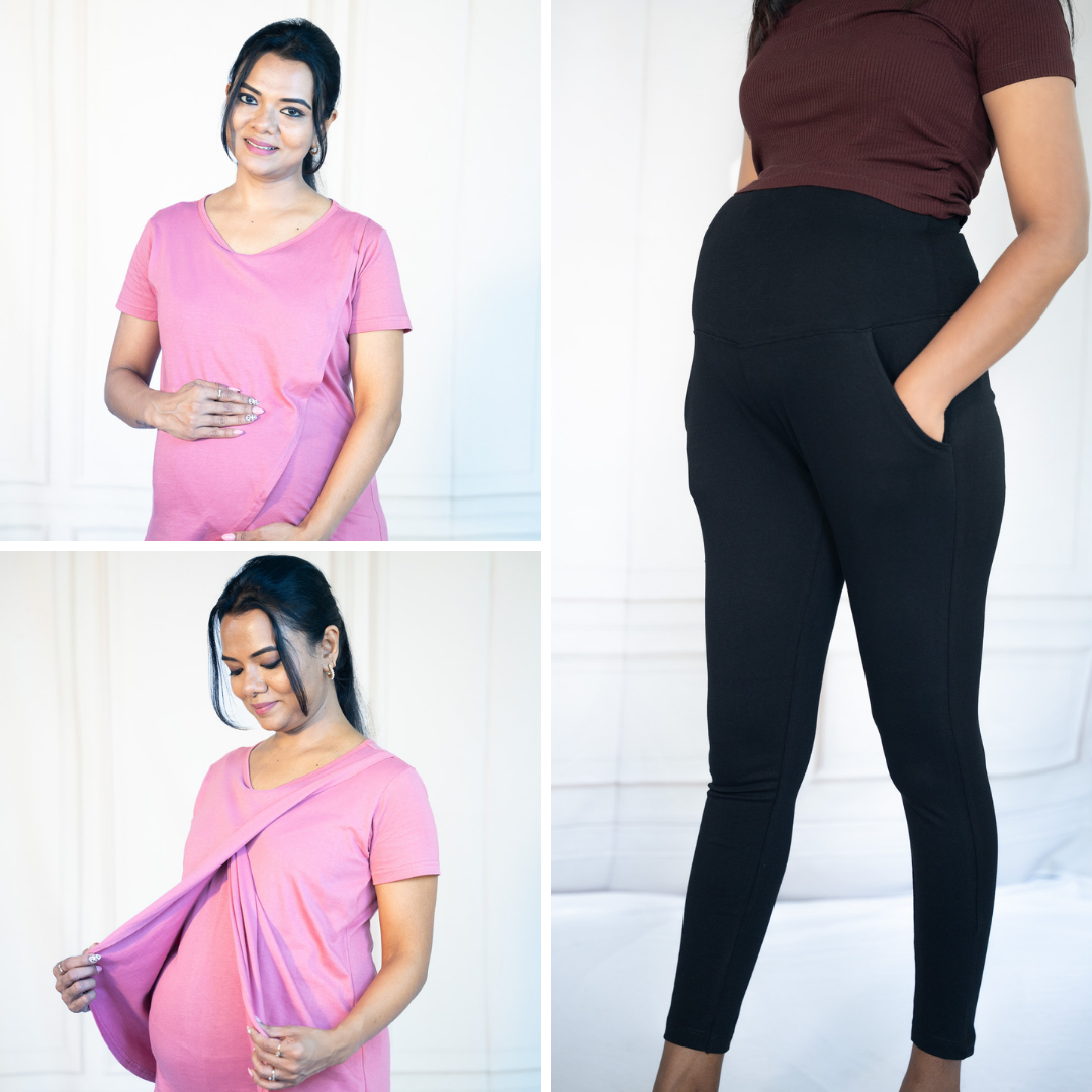 Pink Energy Zipless Feeding T-Shirt + Pink Energy Zipless Feeding T-Shirt + Alinged Me Yoga Pant Legging