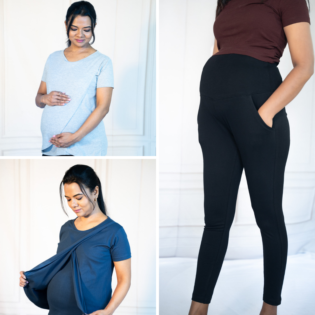 Grey Matters Zipless Feeding T-Shirt + Blue Fit Zipless Feeding T-Shirt + Alinged Me Yoga Pant Legging