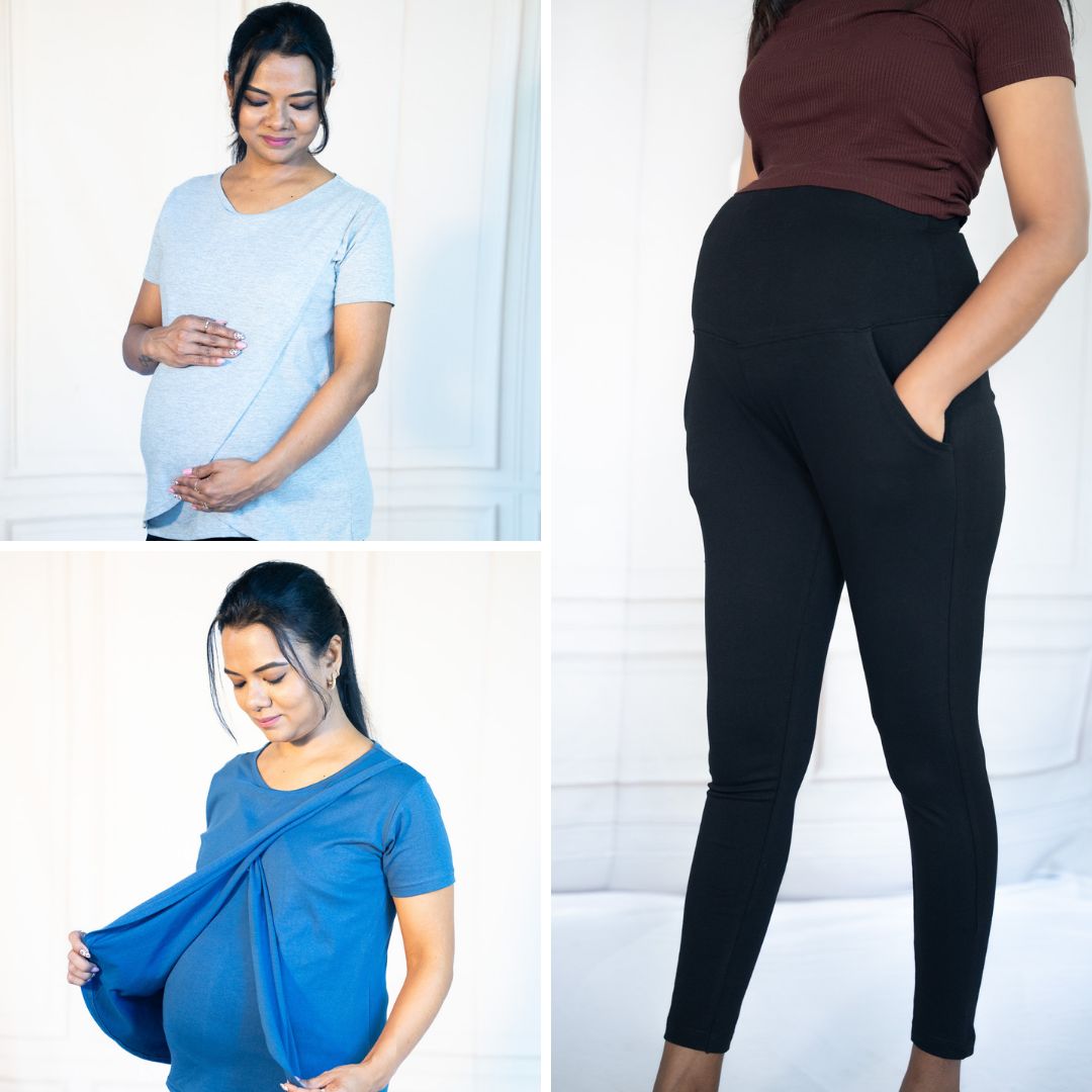 Grey Matters Zipless Feeding T-Shirt + Blue Power Zipless Feeding T-Shirt + Alinged Me Yoga Pant Legging