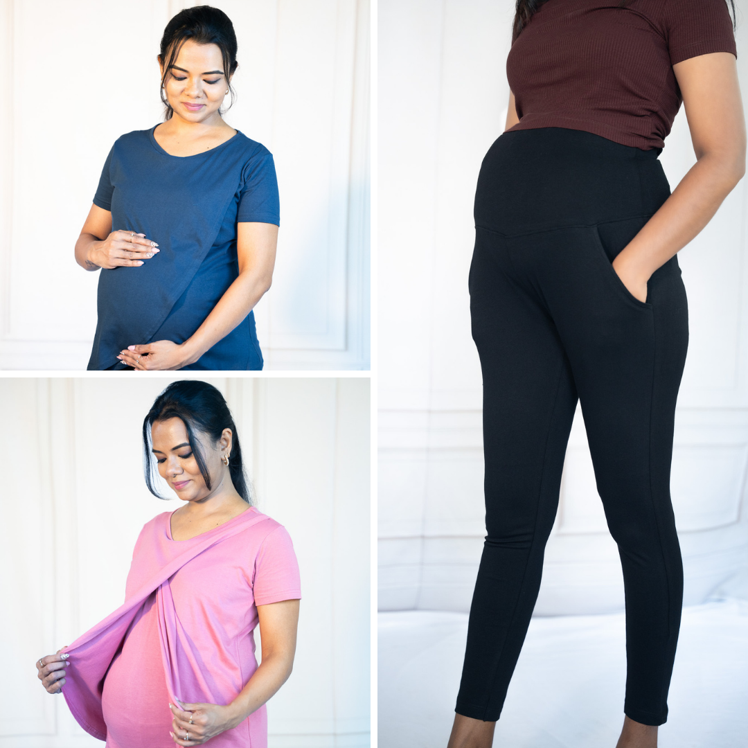 Pink Energy Zipless Feeding T-Shirt + Blue Fit Zipless Feeding T-Shirt + Alinged Me Yoga Pant Legging