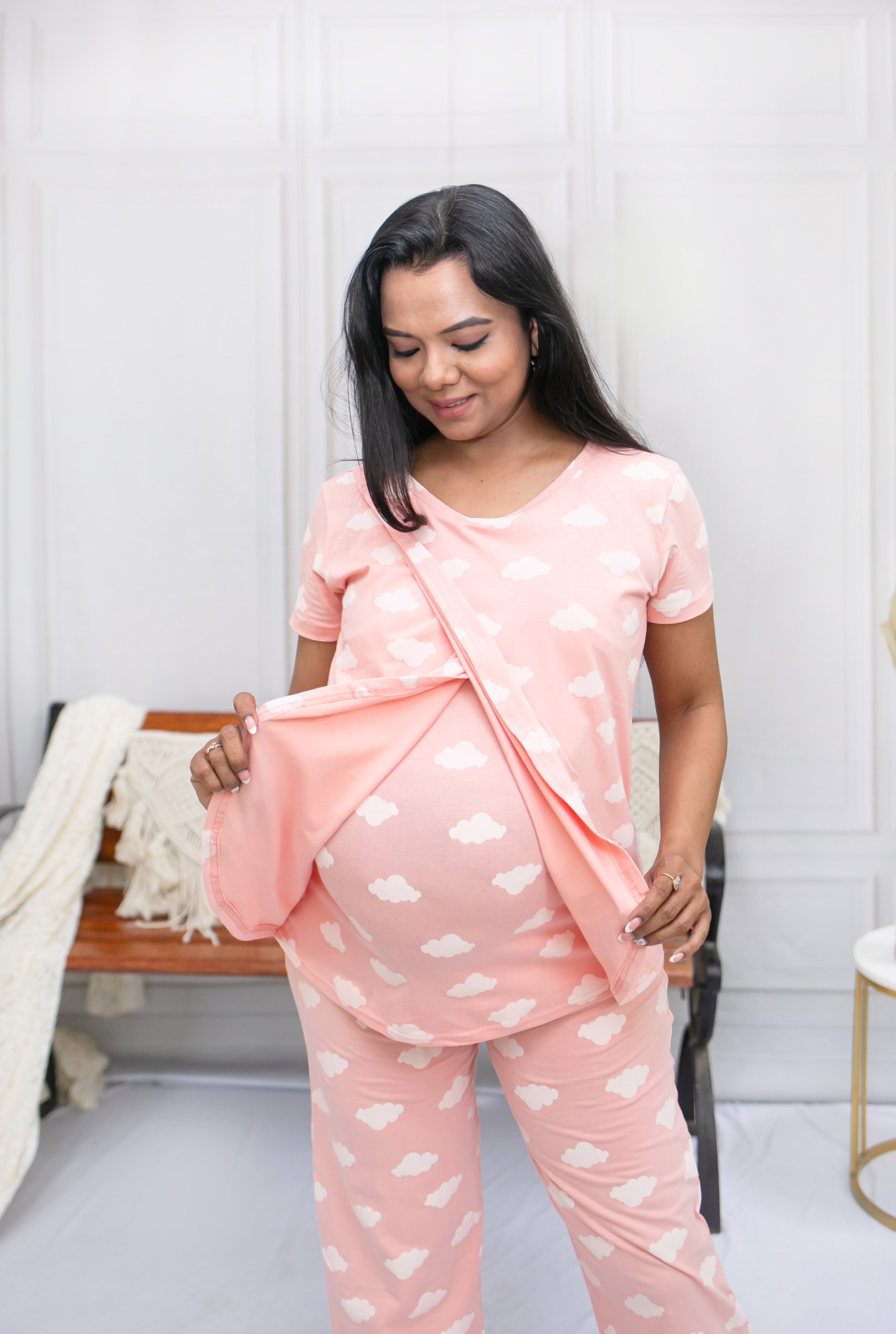 Pink clouds zipless feeding co-ord