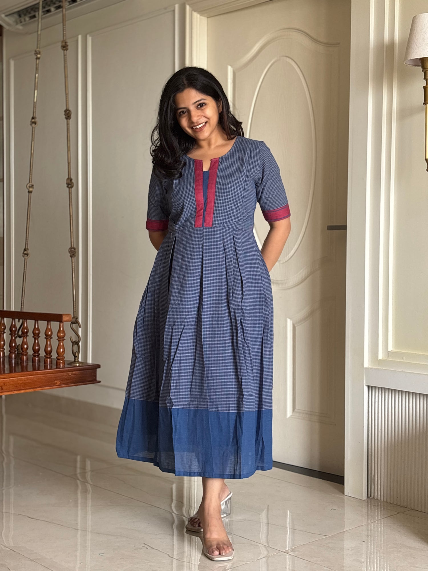Checks On Blue Maternity Feeding dress