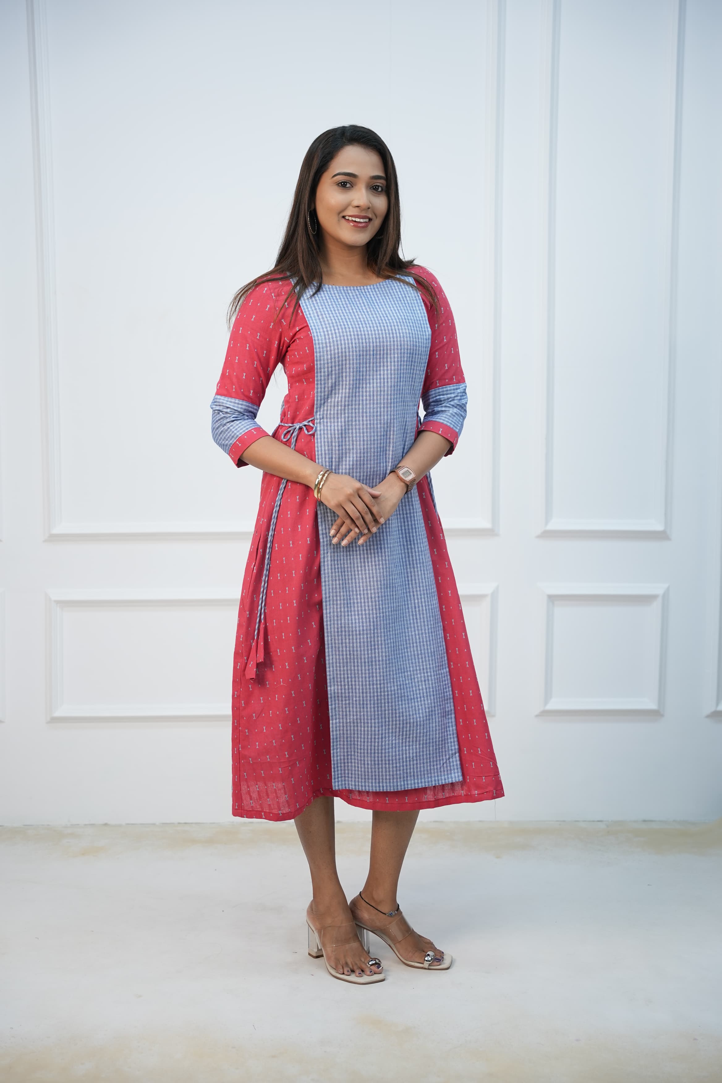 Coral checks Maternity Feeding Dress