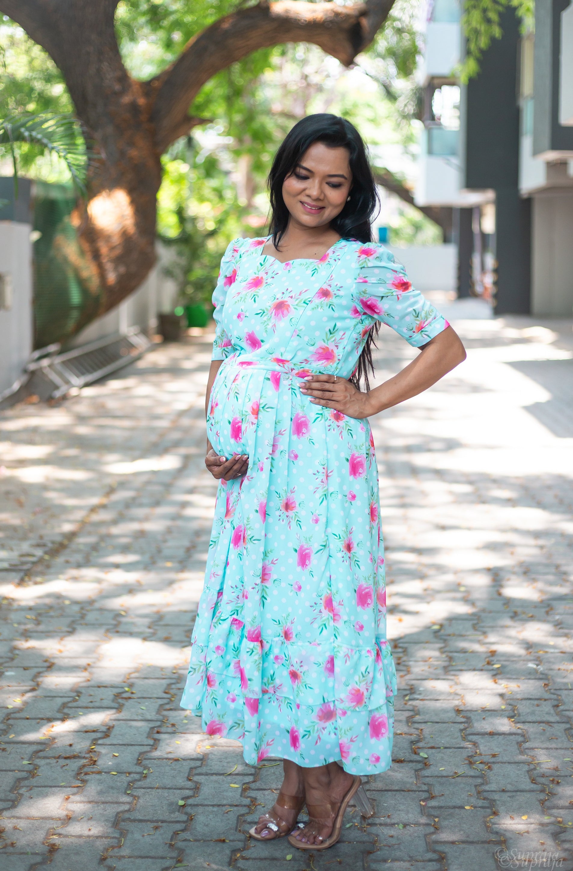 Minty Polka Maternity Feeding Dress