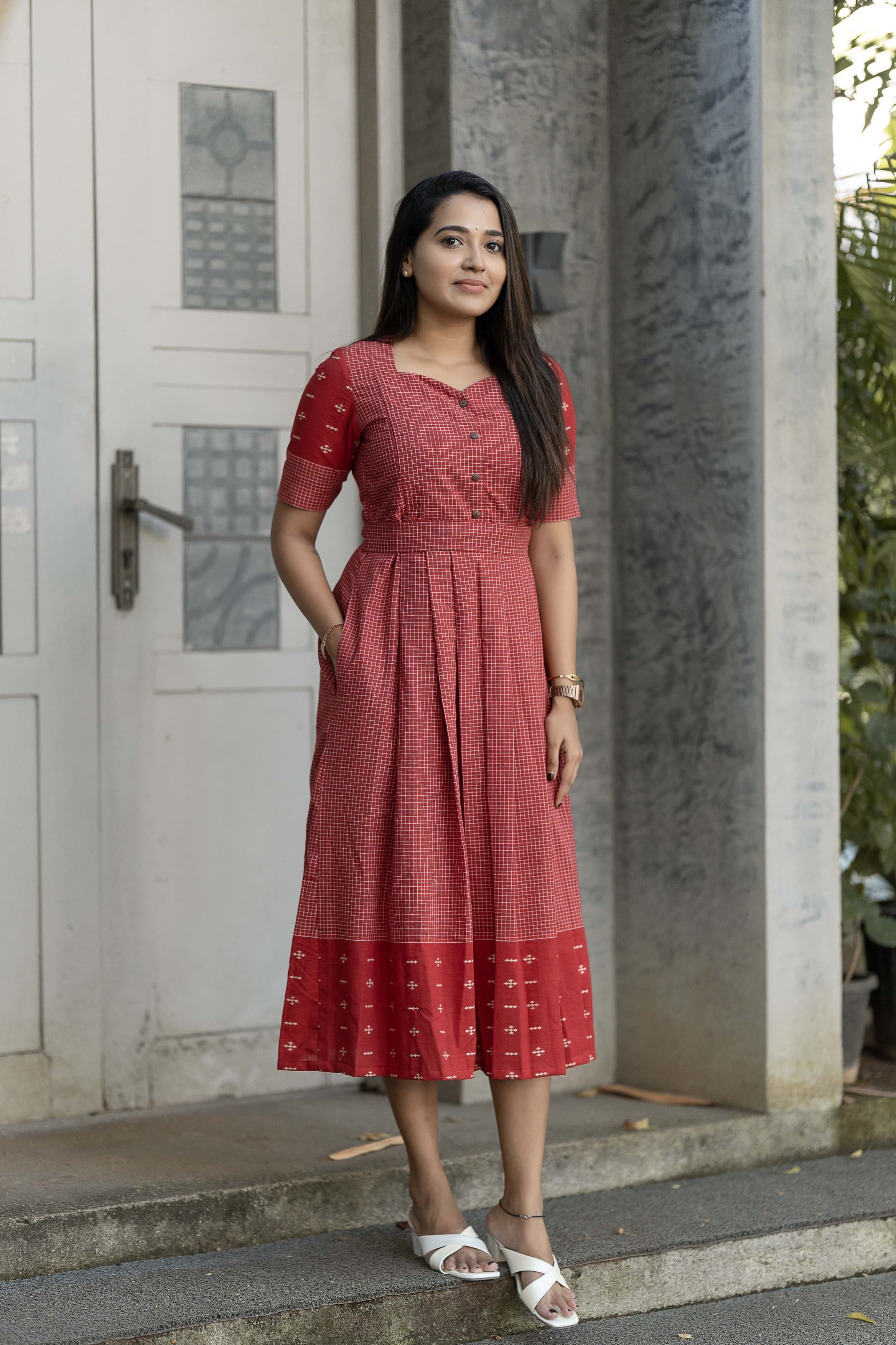 Checks On Red Maternity Feeding Dress