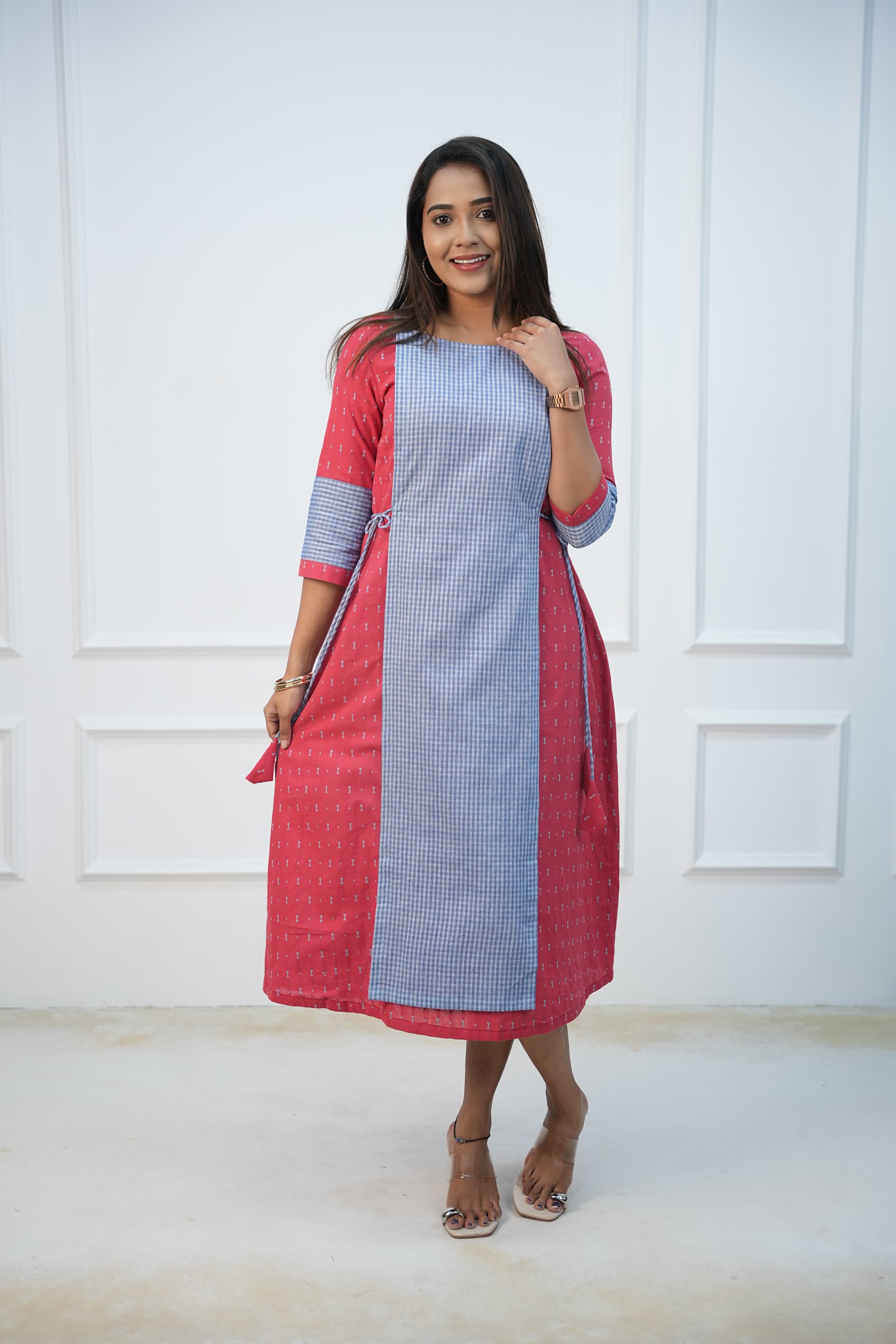 Coral checks Maternity Feeding Dress